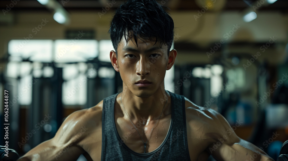 Focused Asian man lifting weights in a gym, drenched in sweat, representing dedication, intensity, and determination in fitness and personal health goals. Focused Asian man lifting weights in a gym, drenched in sweat, representing dedication, intensity, and determination in fitness and personal health goals.