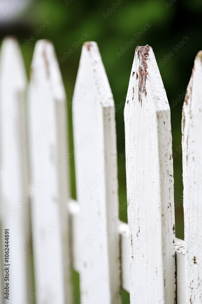A white picket fence with peeling paint on it A white picket fence with peeling paint on it