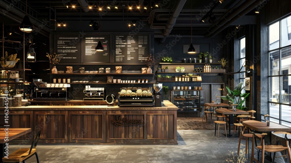 Inside a chic cafe designed in loft style, dark color palette enhancing the spacious layout and showcasing a diverse coffee selection, ideal for a cozy coffee shop environment Inside a chic cafe designed in loft style, dark color palette enhancing the spacious layout and showcasing a diverse coffee selection, ideal for a cozy coffee shop environment
