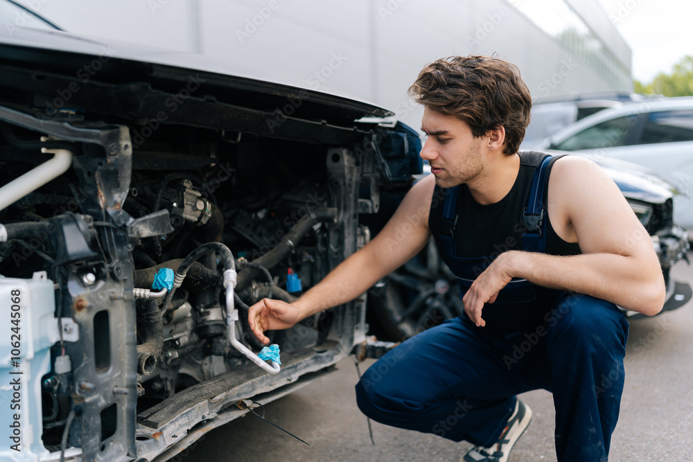 Pensive auto mechanic repairman examining front of car without bumper, assessing plan for future work in automobile repair and renew service station. Concept of car service, repair and maintenance. Pensive auto mechanic repairman examining front of car without bumper, assessing plan for future work in automobile repair and renew service station. Concept of car service, repair and maintenance.