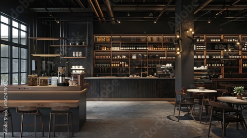 Inside a chic cafe designed in loft style, dark color palette enhancing the spacious layout and showcasing a diverse coffee selection, ideal for a cozy coffee shop environment