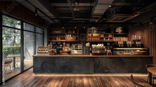 Wallpaper Mural Inside a chic cafe designed in loft style, dark color palette enhancing the spacious layout and showcasing a diverse coffee selection, ideal for a cozy coffee shop environment Torontodigital.ca