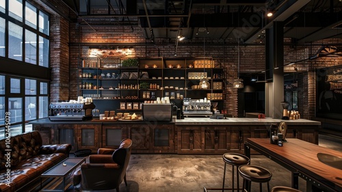 Inside a chic cafe designed in loft style, dark color palette enhancing the spacious layout and showcasing a diverse coffee selection, ideal for a cozy coffee shop environment