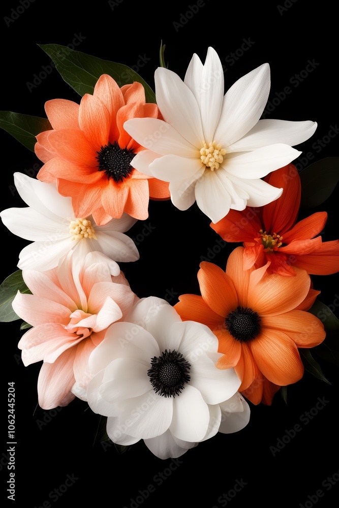 Fototapeta premium A wreath of orange and white flowers on a black background