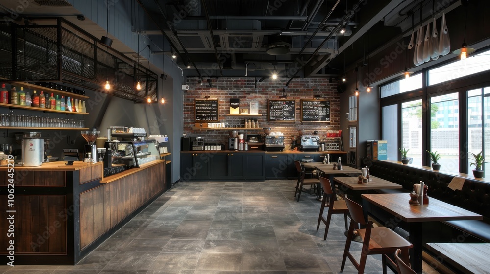 Inside a chic cafe designed in loft style, dark color palette enhancing the spacious layout and showcasing a diverse coffee selection, ideal for a cozy coffee shop environment Inside a chic cafe designed in loft style, dark color palette enhancing the spacious layout and showcasing a diverse coffee selection, ideal for a cozy coffee shop environment