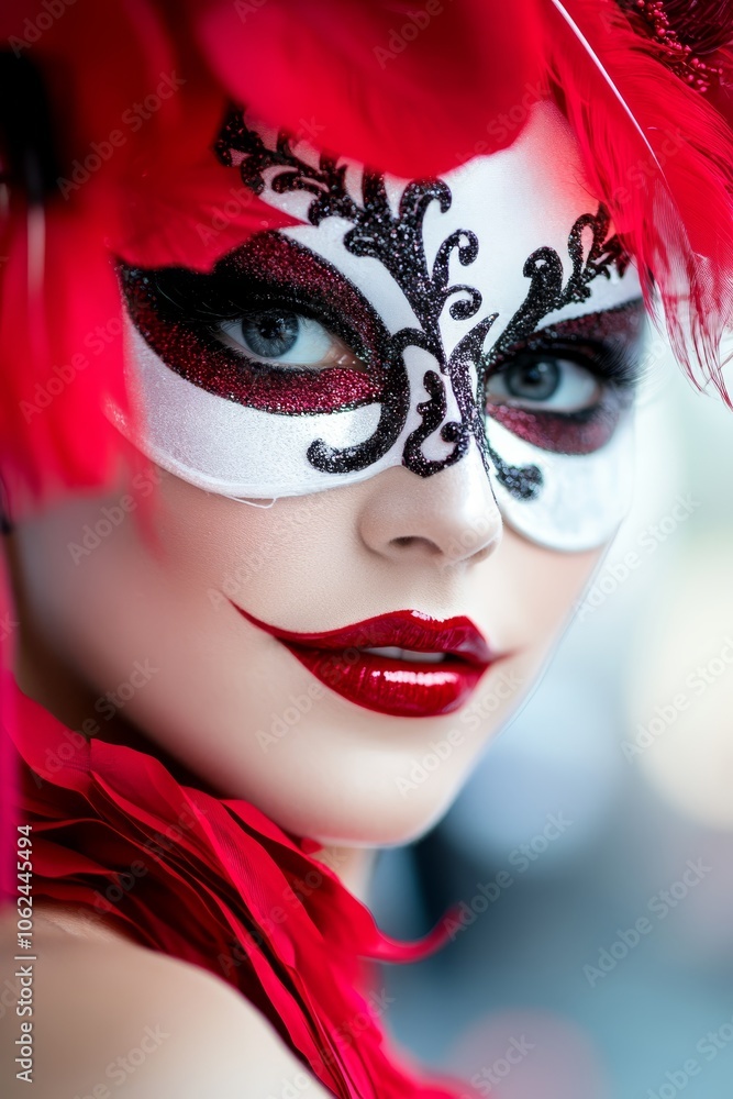 A woman wearing a red and white mask with feathers on her head A woman wearing a red and white mask with feathers on her head