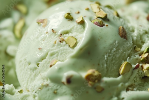 A close-up of a scoop of pistachio ice cream with visible chunks of pistachio nuts