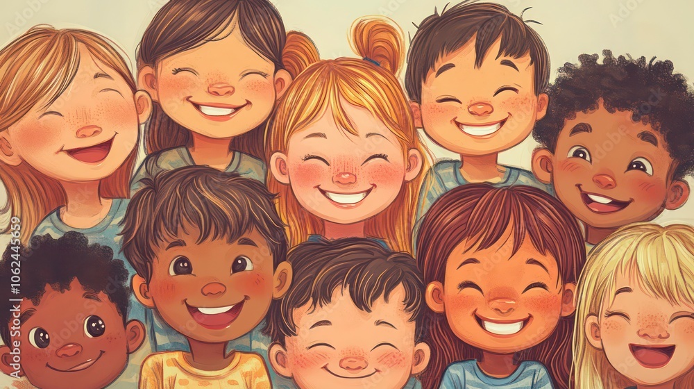 An illustration of a bundle of smiling kids with different hairstyles, skin colors An illustration of a bundle of smiling kids with different hairstyles, skin colors