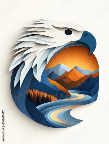 Abstract Eagle Silhouette Overlooking Majestic Mountain and River Landscape photo