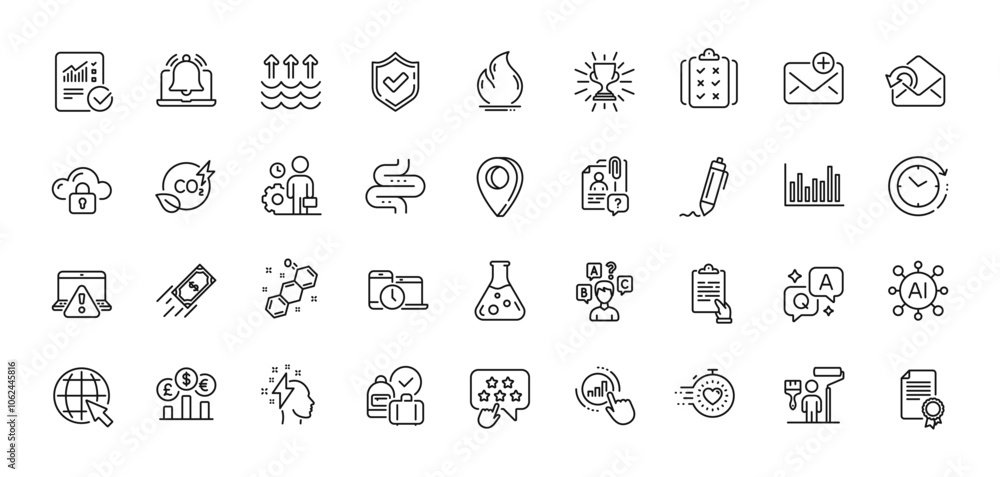 New mail, Chemistry lab and Chemical formula line icons pack. AI, Question and Answer, Map pin icons. Internet, Co2 gas, Timer web icon. Intestine, Bar diagram, Signature pictogram. Vector New mail, Chemistry lab and Chemical formula line icons pack. AI, Question and Answer, Map pin icons. Internet, Co2 gas, Timer web icon. Intestine, Bar diagram, Signature pictogram. Vector