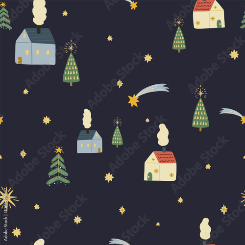 Christmas pattern background with cute hand drawn cozy houses, stars, Christmas tree. Vector seamless pattern. Trendy print for textiles, wallpaper and packaging. Perfect for holiday decorations.
