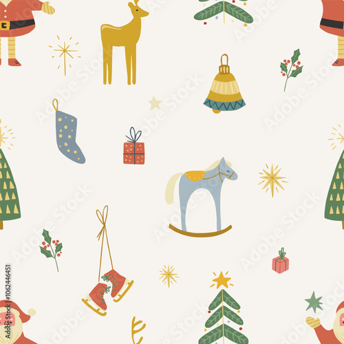 Christmas pattern background with cute Santa Claus, deer, Christmas decorations. Vector seamless pattern. Trendy print for textiles, wallpaper and packaging.