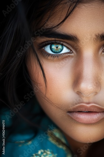  A close up of a woman's face with blue eyes