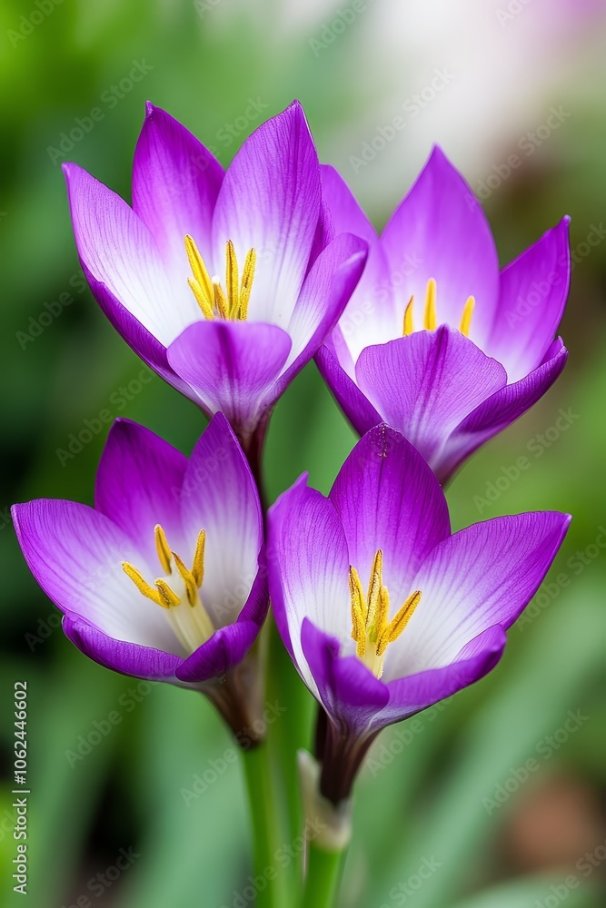 A group of purple and white flowers with yellow stamens A group of purple and white flowers with yellow stamens