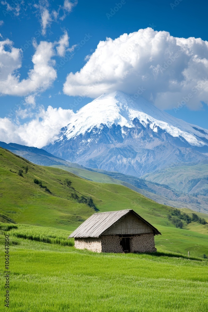 A small house in the middle of a green field with a mountain in the background A small house in the middle of a green field with a mountain in the background