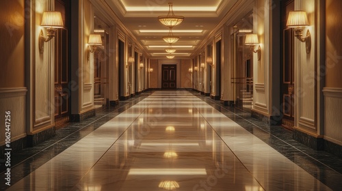 A long, elegant hallway with marble floors and ornate doors, lit by chandeliers and sconces.