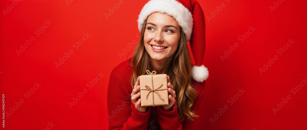 A cheerful woman in a Santa hat and red sweater holds a wrapped gift box against a red background, conveying holiday joy and celebration.
A cheerful woman in a Santa hat and red sweater holds a wrapped gift box against a red background, conveying holiday joy and celebration.