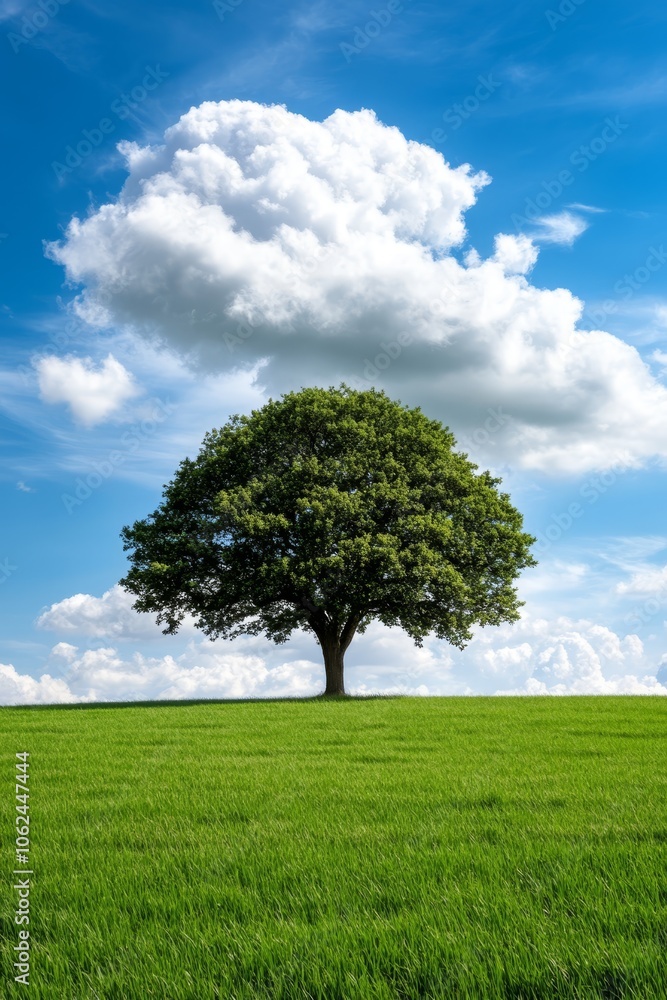 Obraz premium A lone tree in the middle of a green field