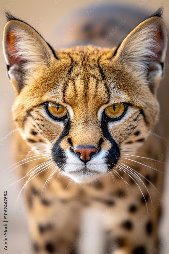 A close up of a serval cat's face with yellow eyes A close up of a serval cat's face with yellow eyes