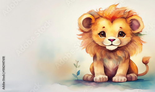 cartoon lion cub, illustration, watercolor greeting card