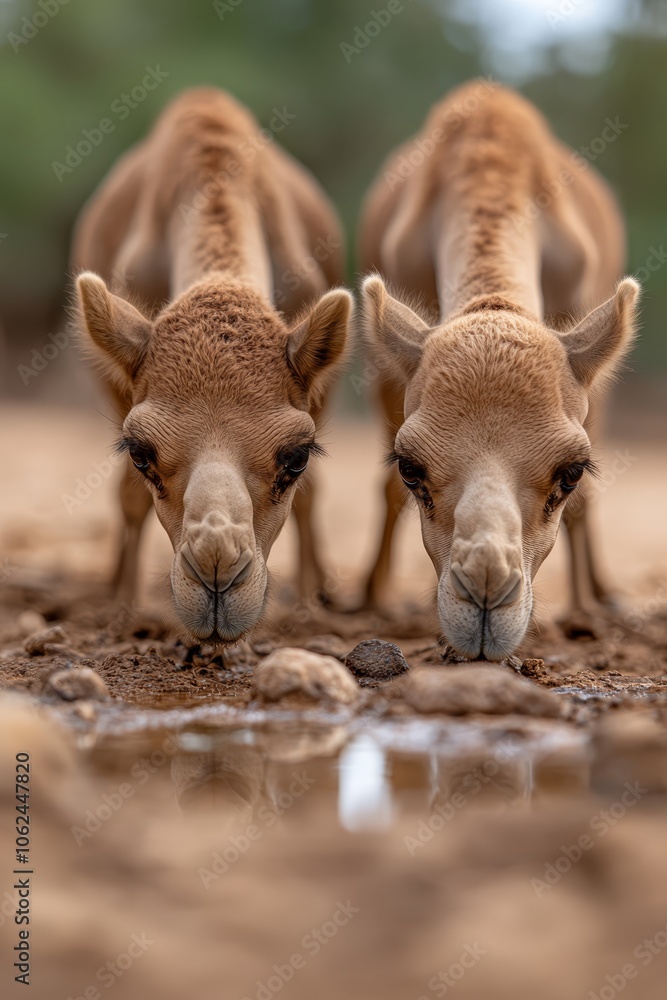 Two baby camels drinking water from a puddle of water Two baby camels drinking water from a puddle of water