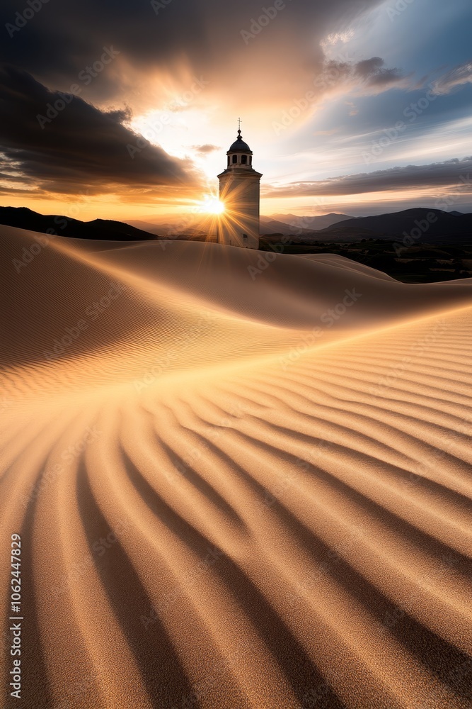 A lighthouse in the middle of a desert at sunset A lighthouse in the middle of a desert at sunset