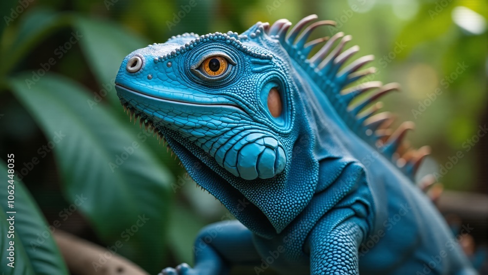Fototapeta premium A vibrant blue iguana perched on a branch amidst lush greenery in a tropical setting
