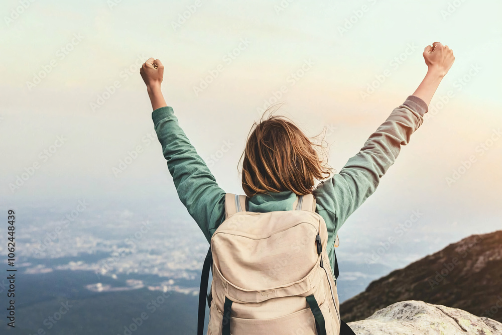 an adventurous hiker celebrating on mountain peak, golden hour an adventurous hiker celebrating on mountain peak, golden hour