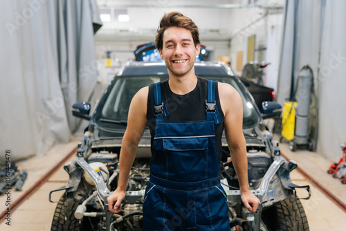 Portrait of positive repairman in uniform standing smiling looking at camera in auto repair shop indoors. Confident professional talented mechanic male posing to camera, ready to repair vehicle.