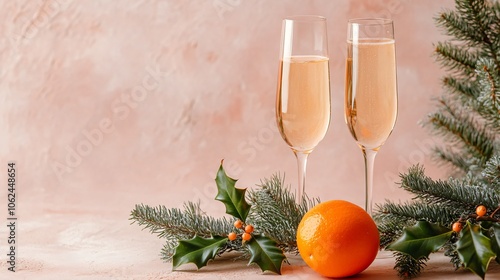 Minimal Christmas setup with a glass of champagne, one whole tangerine, and two sprigs of fir, on a soft blush-colored background photo