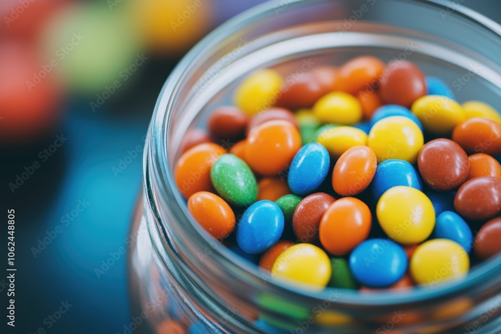 A close-up of brightly colored candies in a glass jar A close-up of brightly colored candies in a glass jar
