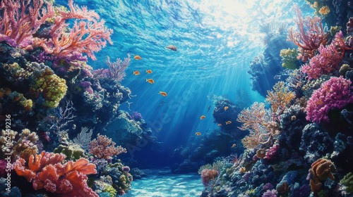 Vibrant Coral Reef Underwater Scene: Hyper-realistic Photography of Tropical Fish, Sea Fans, and Sunbeams in Crystal Clear Water with Detailed Coral Textures.