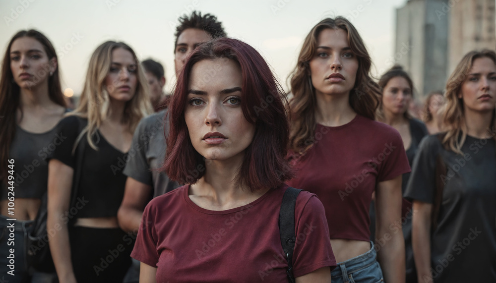 Young adult group, hipster style, serious faces, modern haircuts, casual clothing. Young adult group, hipster style, serious faces, modern haircuts, casual clothing.