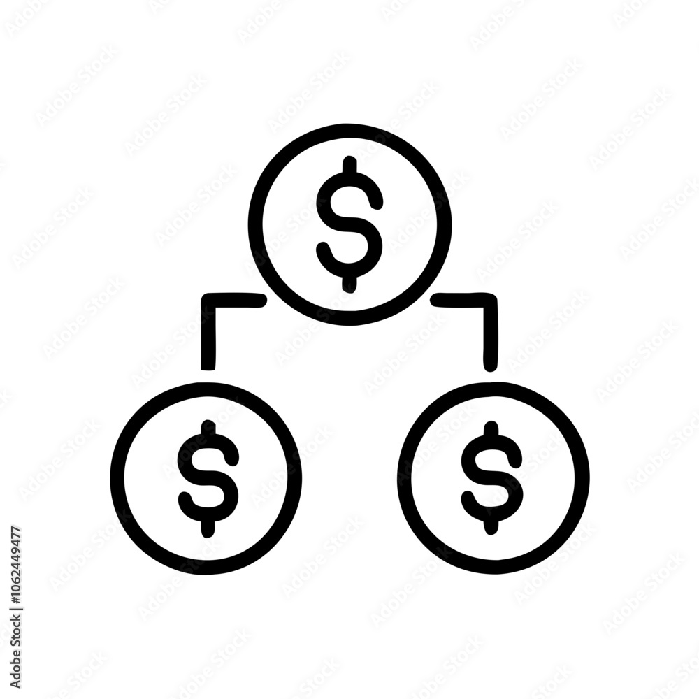 Simple line art illustration of money distribution with dollar sign coins Simple line art illustration of money distribution with dollar sign coins