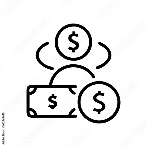 Simple line art illustration of money coins with dollar signs emphasizing financial wealth and transactions in a clean minimalist style for clear communication