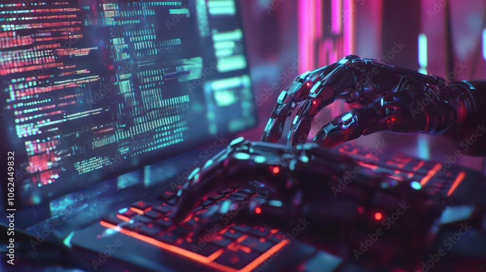 A stock, a cyborg using a computer and typing a keyboard, technology in the future, writing programming codes A stock, a cyborg using a computer and typing a keyboard, technology in the future, writing programming codes