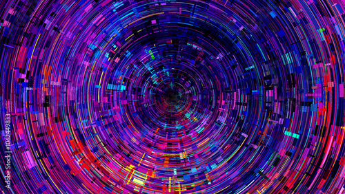 Futuristic technological complex concentric rings and intricate digital vortex texture with rectangular chaotic layered structure. Modern glitch electronic grunge texture. Big data. Vector background