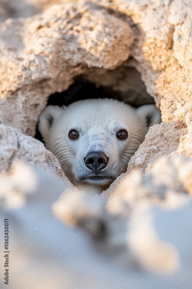 Obraz premium A polar bear peeking out of a hole in the sand
