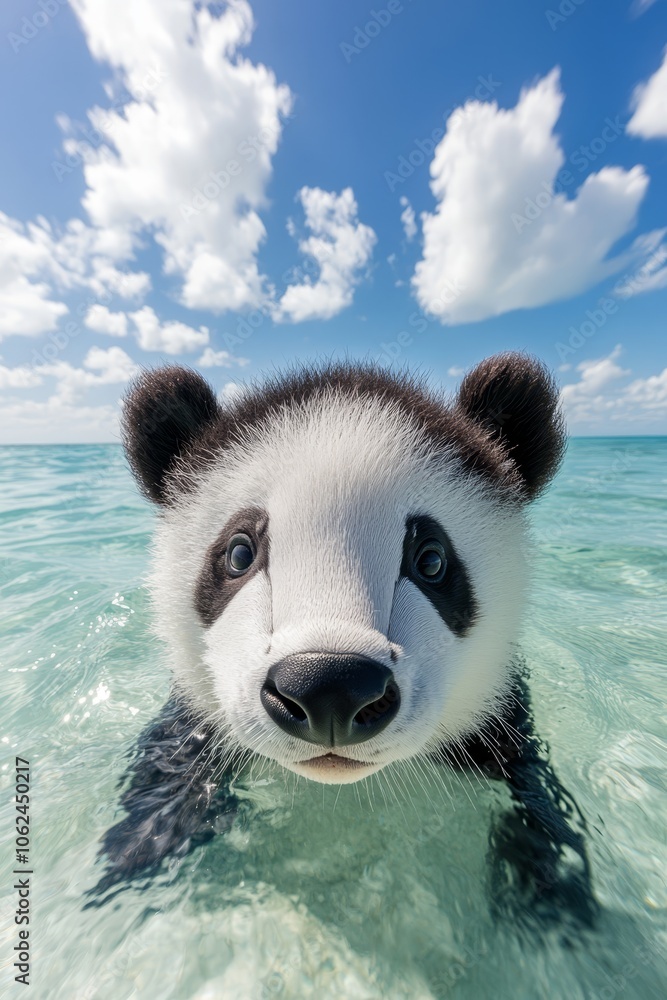 A panda bear swimming in the ocean looking at the camera A panda bear swimming in the ocean looking at the camera