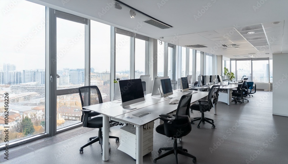 White coworking interior with tables and pc computers, panoramic window White coworking interior with tables and pc computers, panoramic window
