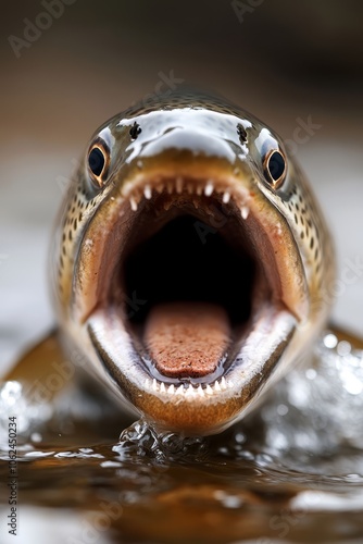 A close up of a fish with its mouth open in the water