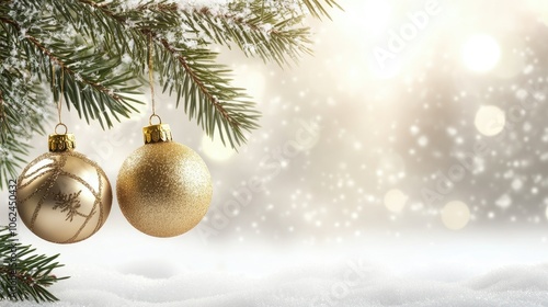 Beautiful Christmas tree background with Christmas tree branches and gold Christmas tree toys