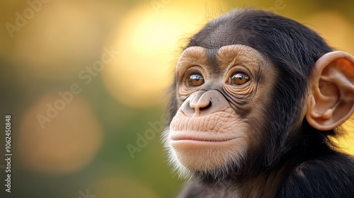 A close up of a baby chimpanzee looking at the camera