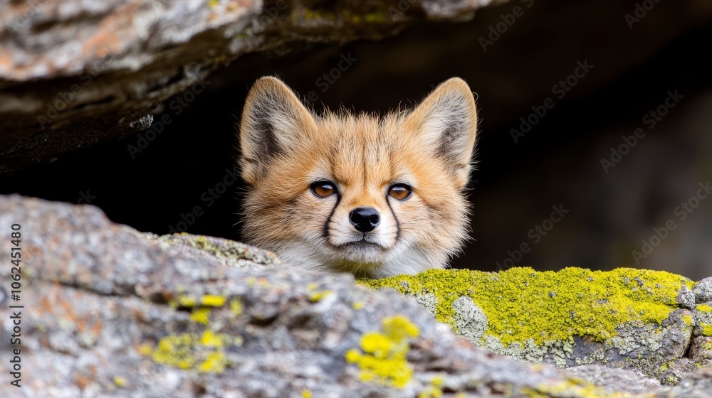 Obraz premium A small fox peeking out of a hole in a rock
