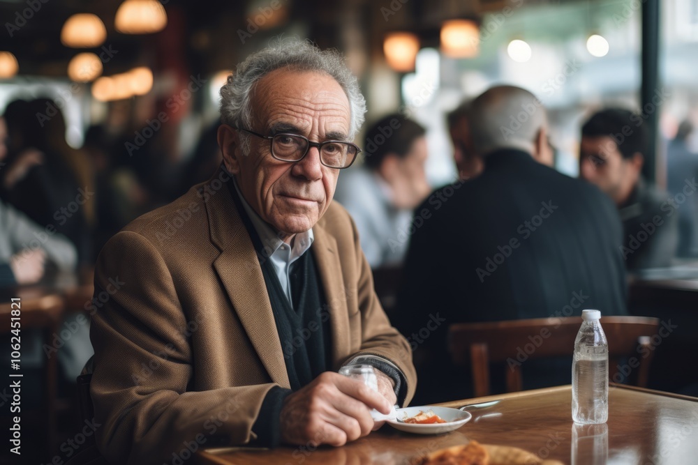 Elderly man sitting at a table in a restaurant and eating Elderly man sitting at a table in a restaurant and eating