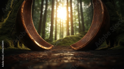 A pair of wooden crescent shaped objects in the middle of a forest photo