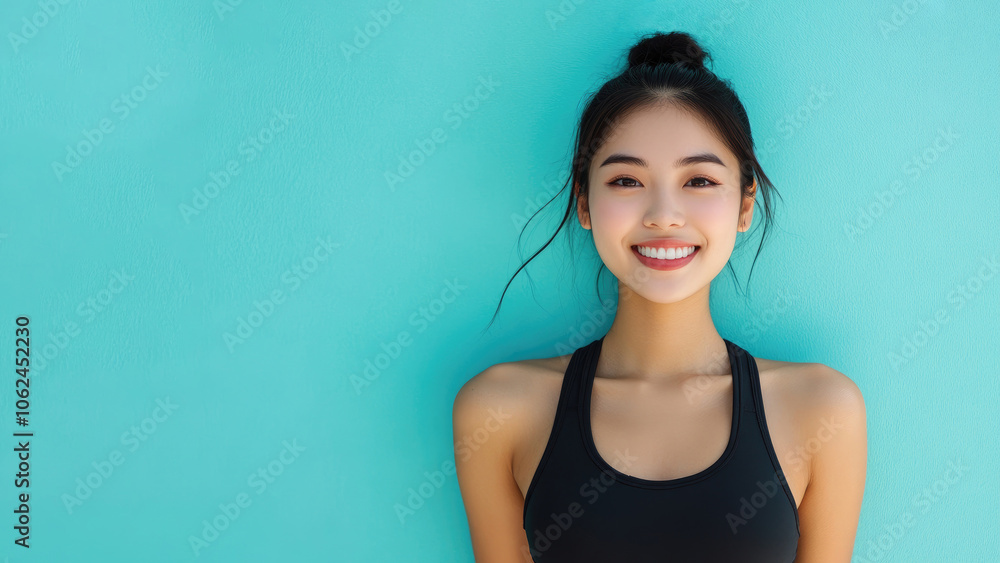 Joyful Asian woman with clean skin and cheerful expression on vibrant blue backdrop. banner design with copy space. active lifestyle, healthy exercise routine, physical training. beauty concept Joyful Asian woman with clean skin and cheerful expression on vibrant blue backdrop. banner design with copy space. active lifestyle, healthy exercise routine, physical training. beauty concept