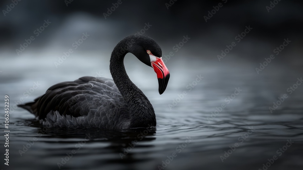 Fototapeta premium A black swan with a red beak swimming in the water
