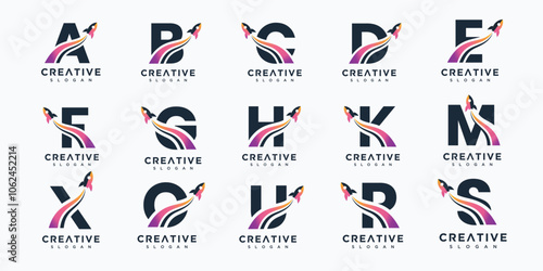 Collection of vector illustrations of rocket letter a-z sign logos