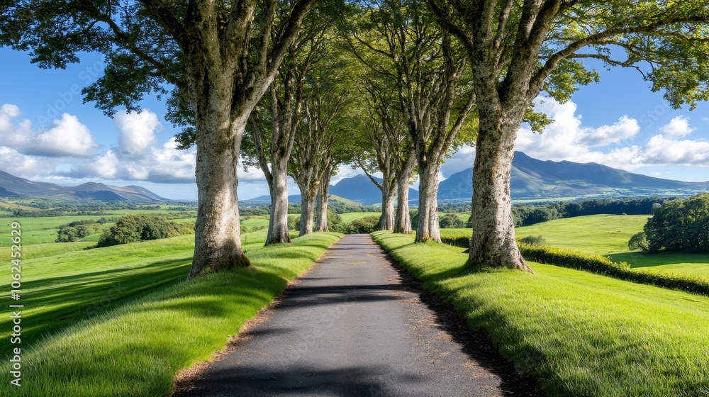 A country road lined with trees in the middle of a green field A country road lined with trees in the middle of a green field